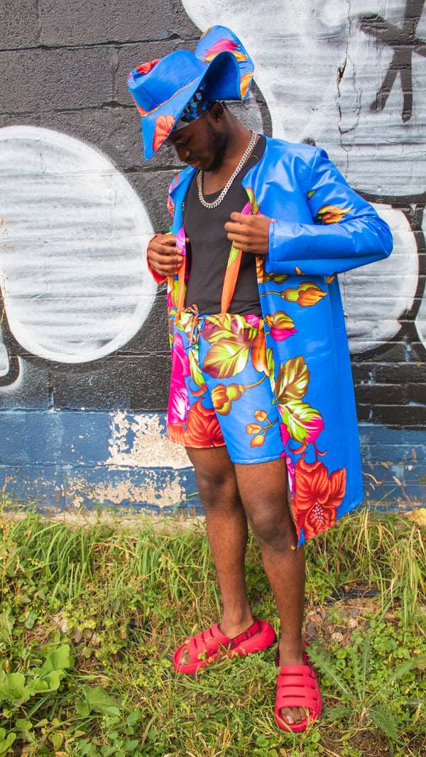 Skyline Hue Ensemble - Hat, Suspenders, Shorts, and Light Jacket.