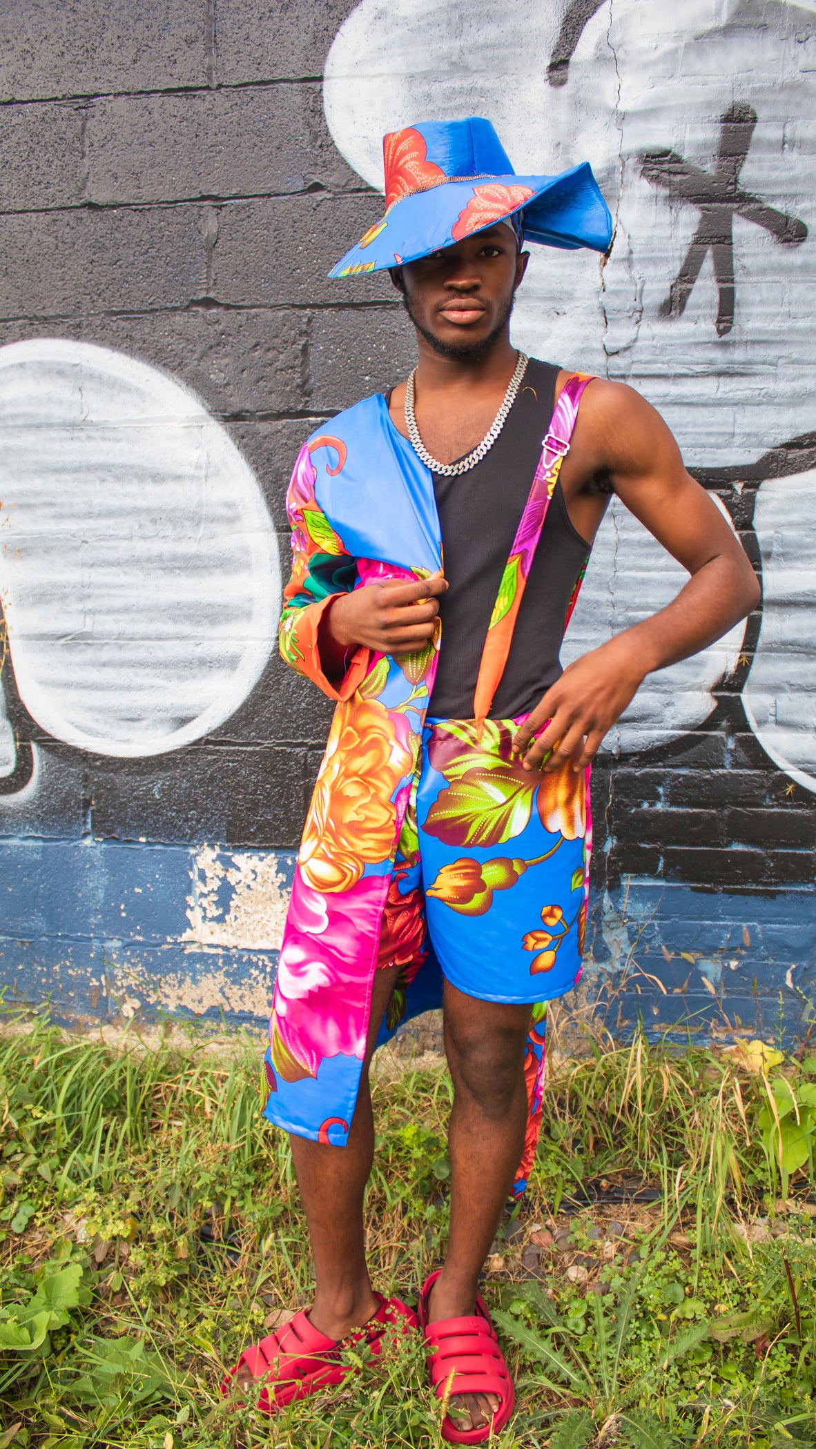 Skyline Hue Ensemble - Hat, Suspenders, Shorts, and Light Jacket.